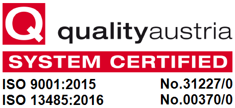 Quality Austria Systemzertifizierung ISO 9001:2015 No.31227=7 , ISO 13485:2016 No.00370/0