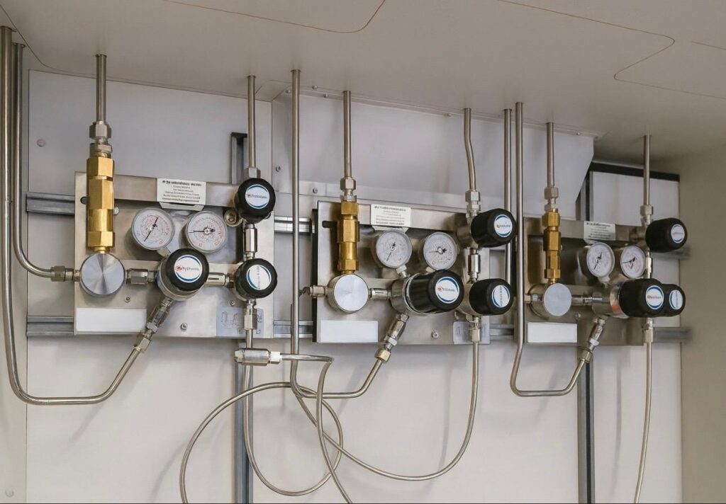 Mehrere Gasverteiler mit Druckreglern und Manometern nebeneinander montiert.